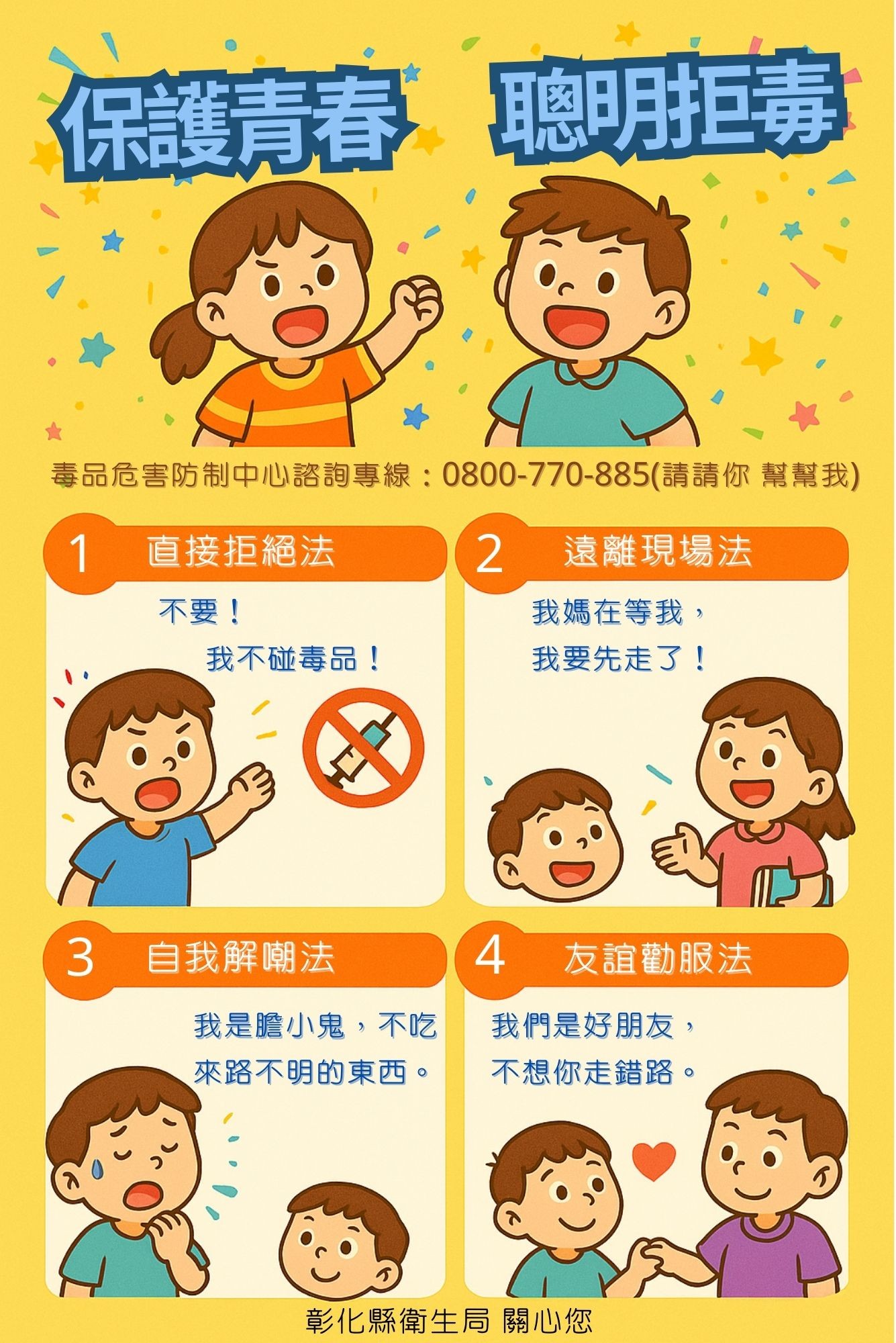 新興毒品種類及包裝多樣，可能以咖啡包、糖果、果凍、罐裝飲料等方式，出現在各類娛樂場所。青少年可能因為好奇、尋求刺激感，或在群聚氛圍下使用毒品，造成身心危害。 提醒青少年於暑假期間從事正當的休閒活動，並學習拒毒技巧，保護自己遠離毒害。  第一招、直接拒絕法：堅定且大聲拒絕。 第二招、遠離現場法：找藉口離開現場。 第三招、自我解嘲法：幽默調侃自己，拒絕使用。 第四招、友誼勸服法：委婉勸導朋友不要使用。  相關資源可洽毒品危害防制中心諮詢專線：0800-770-885。