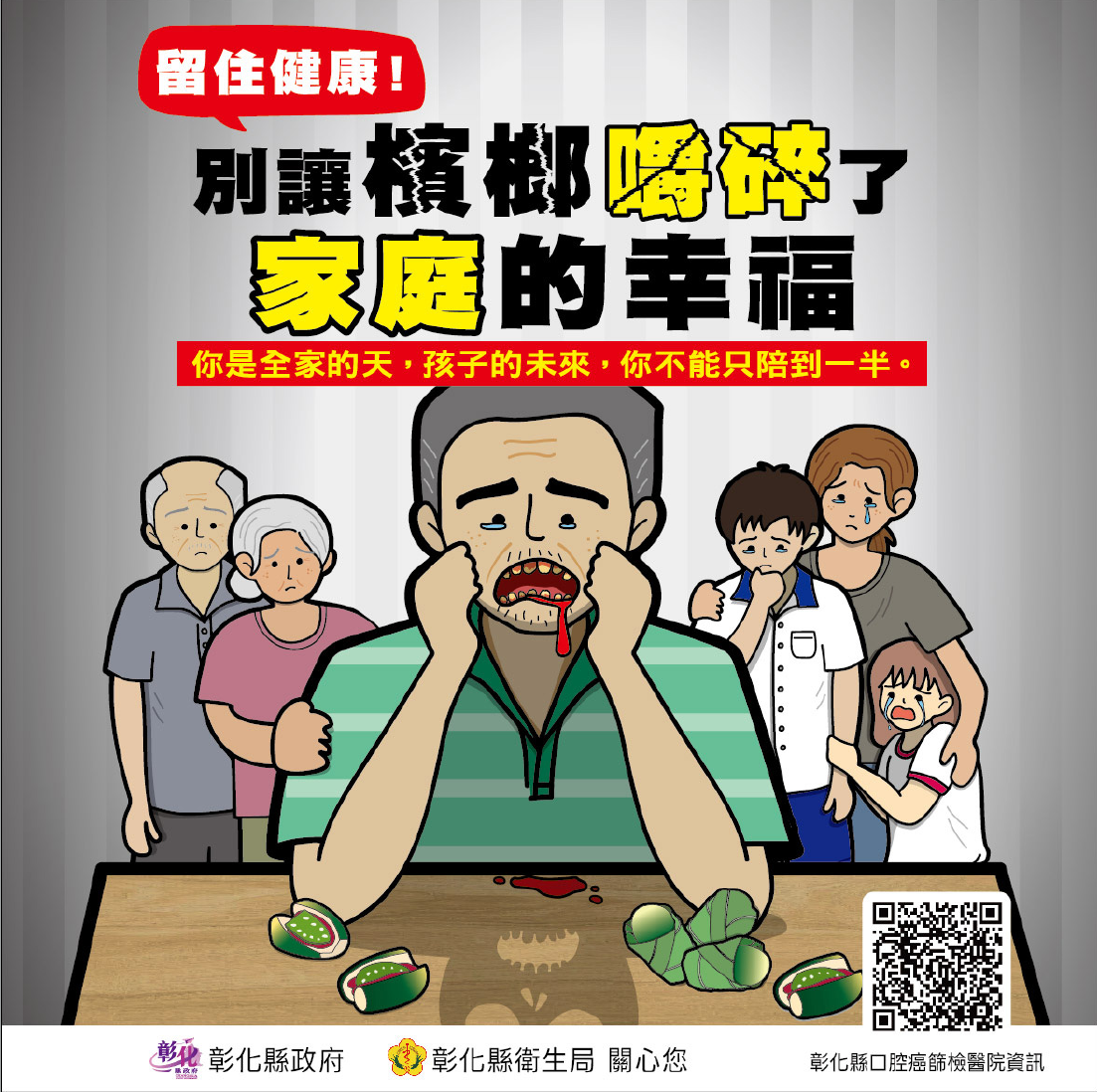 別讓一陣子的快感，成為家人一輩子的遺憾。 你是家裡的頂樑柱，一口檳榔吐出的是家人的眼淚，免費篩檢：30歲以上吸菸或嚼檳(含已戒)、18歲以上原民嚼檳者，每2年1次口腔黏膜檢查。 彰化縣衛生局關心您