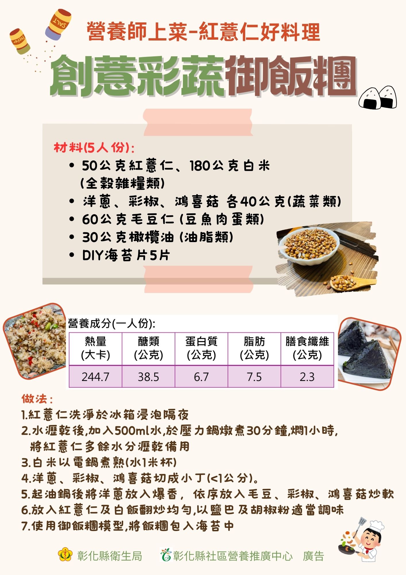 這是一張創薏彩蔬御飯糰的食譜海報