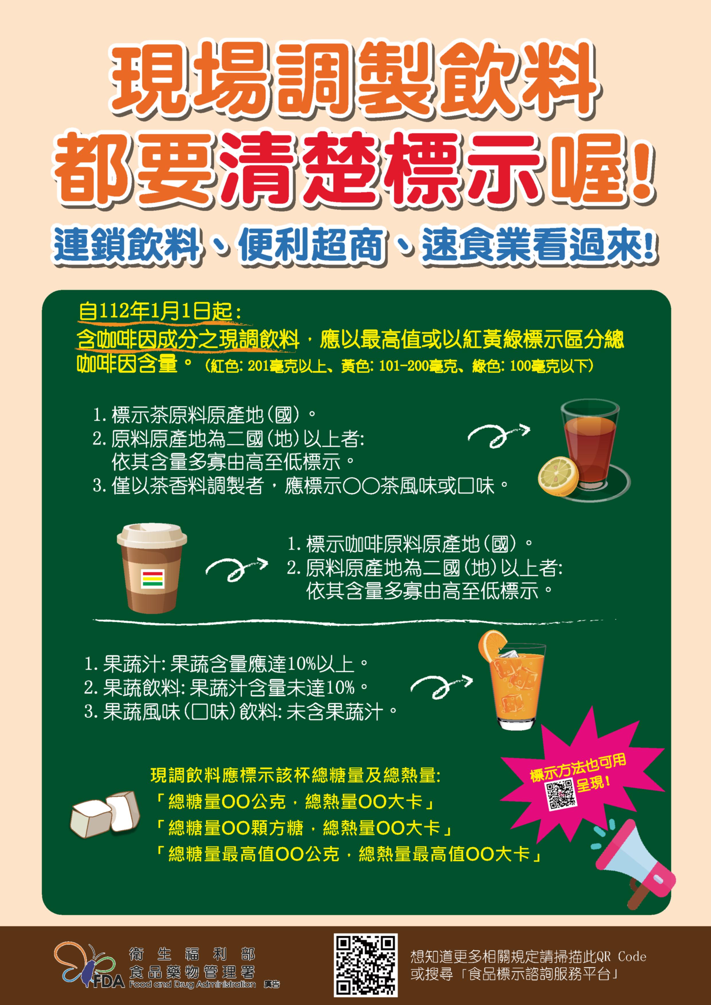 112年1月1日起，連鎖飲料業、連鎖便利商店及連鎖速食業者，含咖啡因成分之現場調製飲料應標示總咖啡因含量