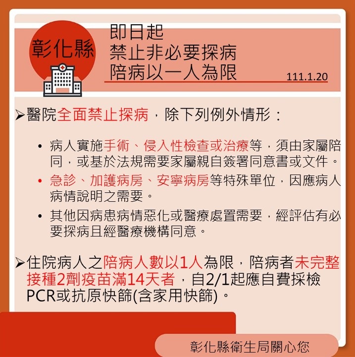彰化縣即日起 禁止非必要探病 陪病以一人為限