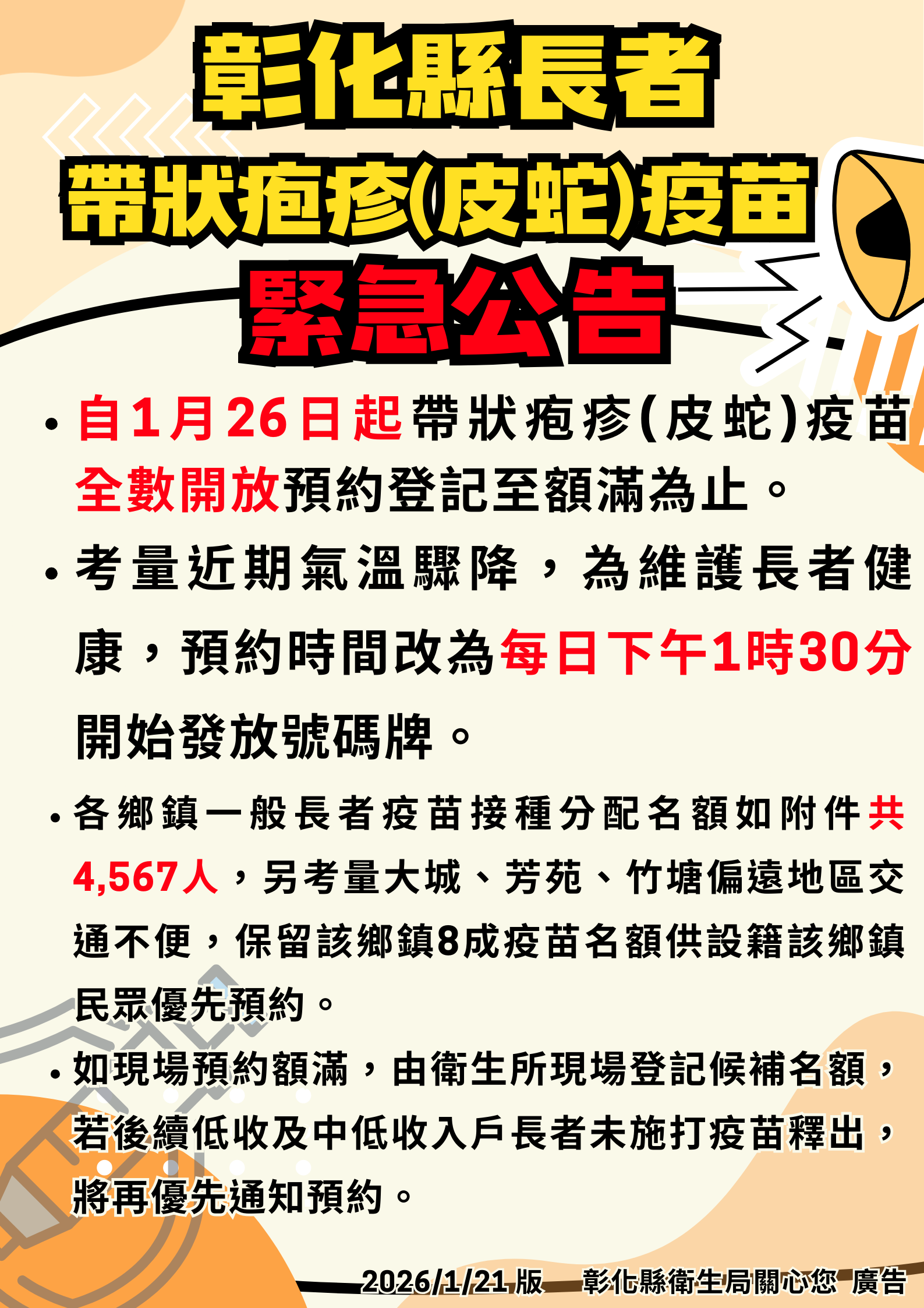 彰化縣長者帶狀疱疹(皮蛇)疫苗接種踴躍 1月26日起疫苗全數開放預約登記至額滿為止 考量氣溫驟降 預約時間改為每日下午1時30分開始-圖片1