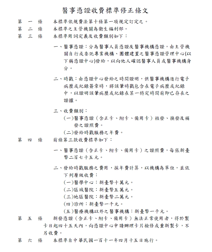 醫事憑證收費標準修正條文