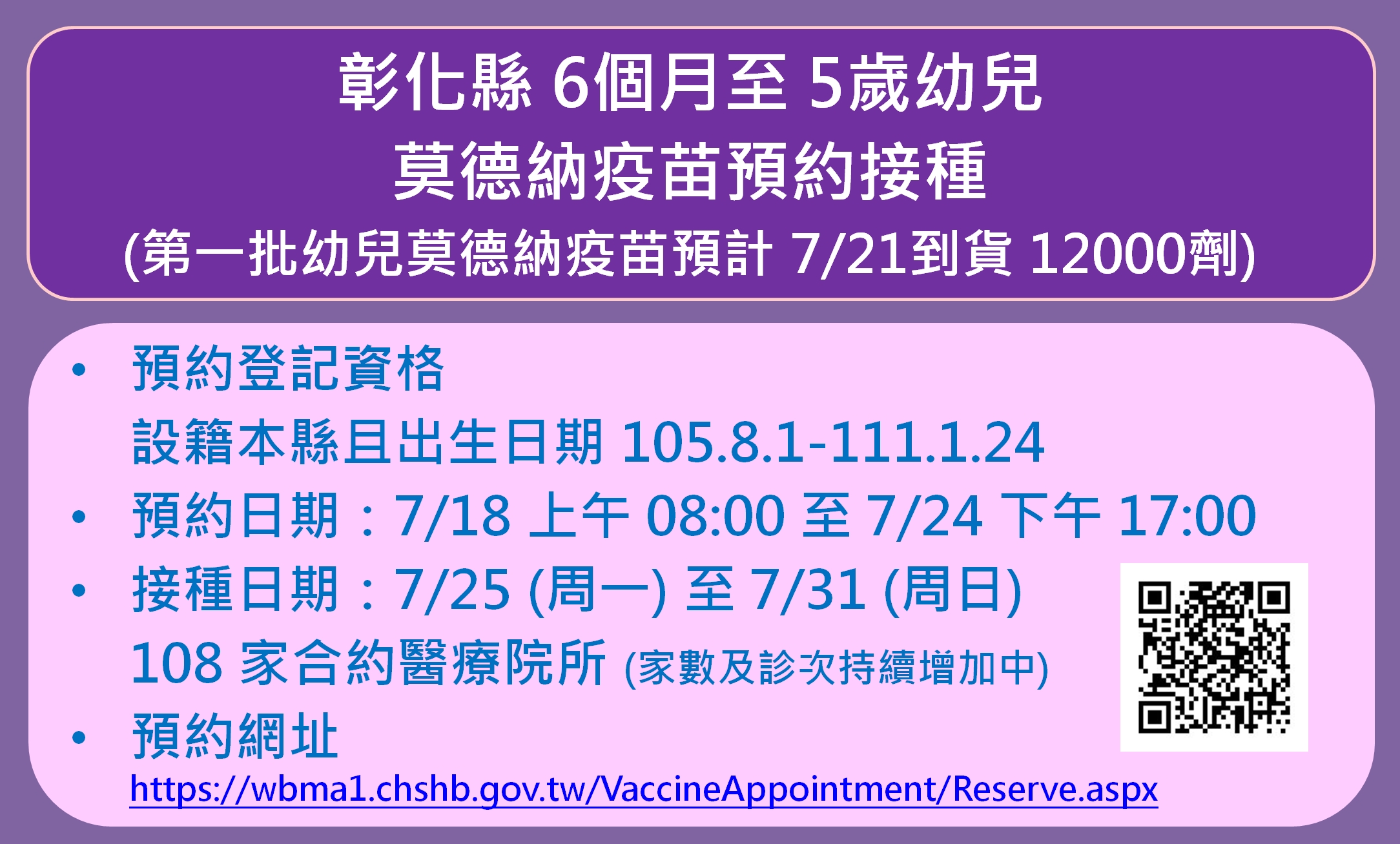 彰化縣開放6個月至5歲幼兒莫德納疫苗自7月18日開放預約接種