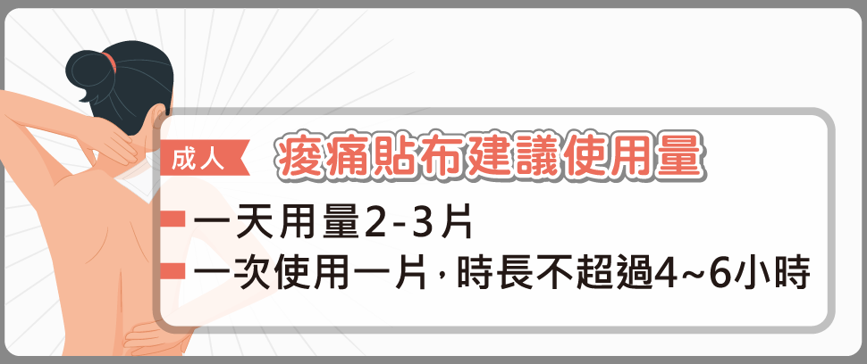 成人痠痛貼布建議使用量，一天用量二至三片，一次使用一片，時長不超過四至六小時。