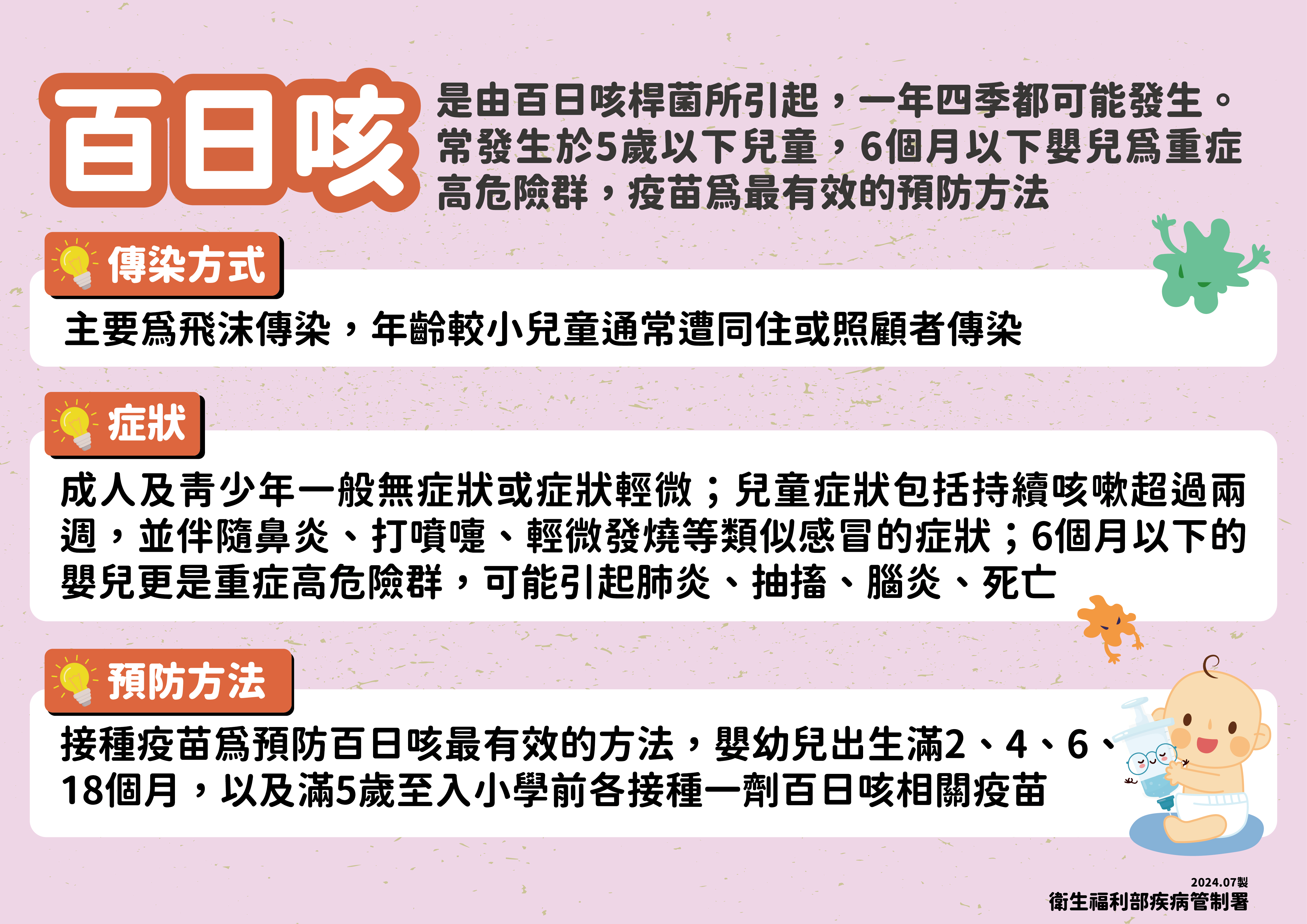 國內今年百日咳疫情為六年同期新高，新增1起百日咳家庭群聚事件，提醒家長應按時帶孩童接種疫苗，同時呼籲民眾提高警覺，如有疑似症狀，應儘速就醫-圖片1