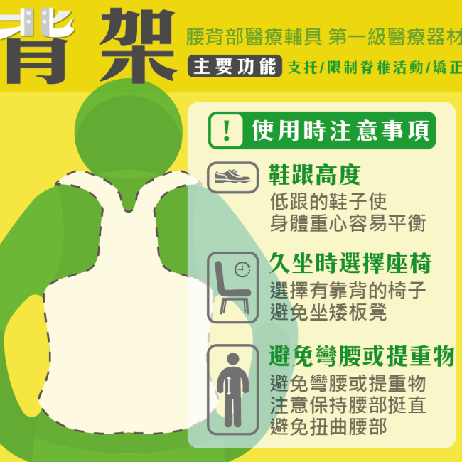 背架使用時注意鞋跟高度勿太高 久坐時選擇座椅 避免彎腰或提重物