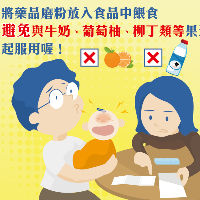 藥物如要混入食品中讓孩童吃下,要避免與牛奶、葡萄柚、柳丁類果汁一起服用 藥物如要混入食品中讓孩童吃下,要避免與牛奶、葡萄柚、柳丁類果汁一起服用