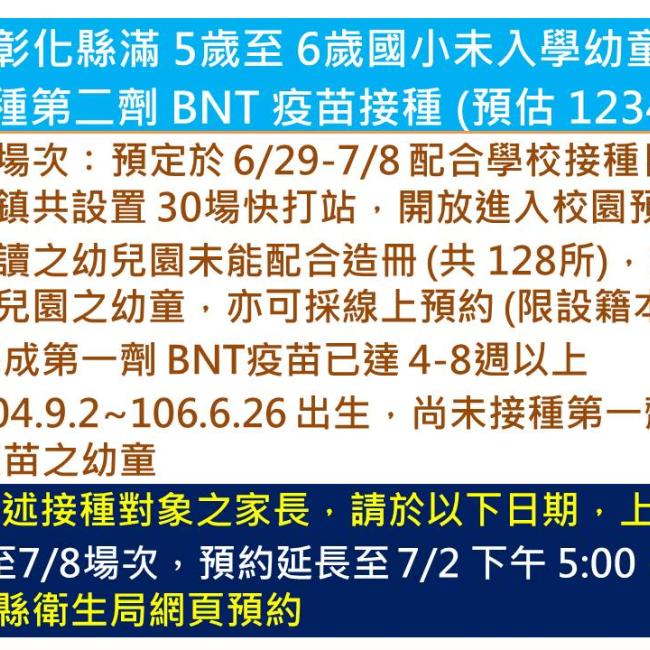 彰化縣滿5歲至6歲國小未入學幼童BNT疫苗預約延長至7月2日