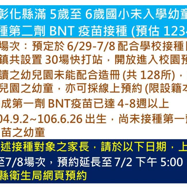 彰化縣滿5歲至6歲國小未入學幼童BNT疫苗預約延長至7月2日