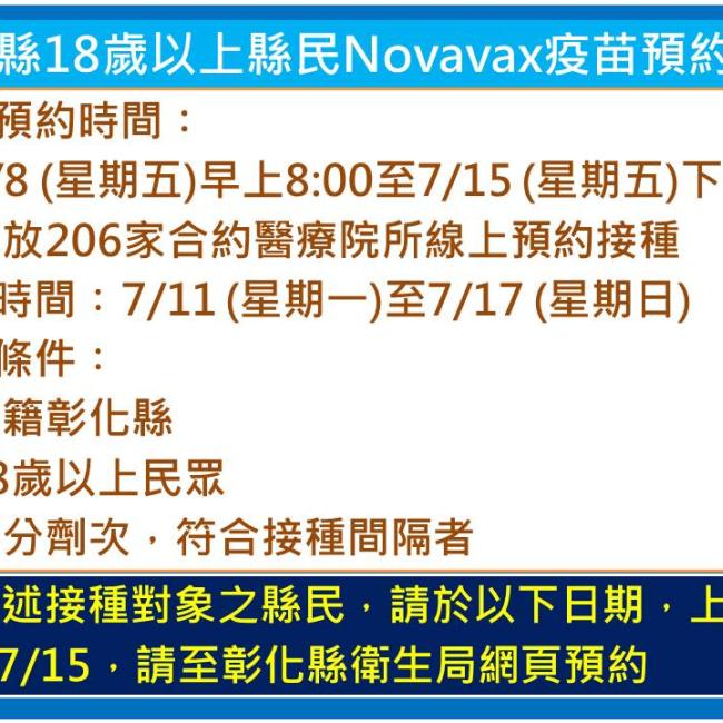 彰化縣自7月8日起開放18歲以上縣民Novavax疫苗開放預約接種