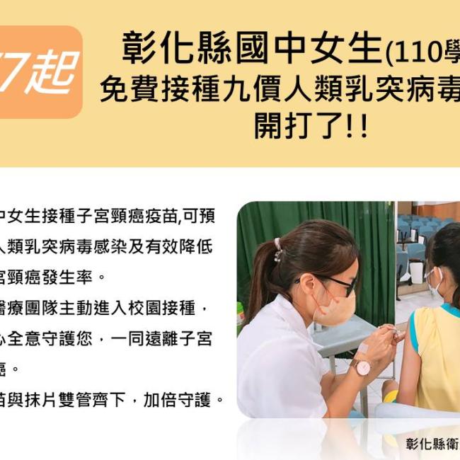 彰化縣110學年國中女生免費接種九價人類乳突病毒疫苗開打了! 彰化縣110學年國中女生免費接種九價人類乳突病毒疫苗開打了!