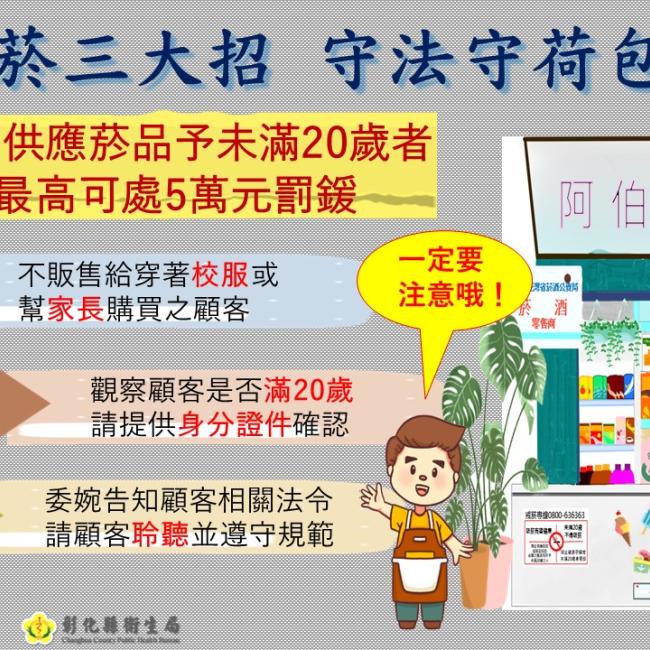 任何人不得供應菸品予未滿20歲民眾，違規販賣最高處新臺幣25萬元罰鍰！販賣菸品前「停」、「看」、「聽」三大招，遵守規範，守護荷包。