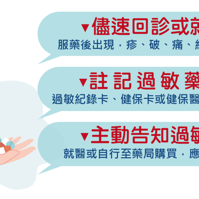 藥品不過敏!三大法則記起來! 1.儘速回診或就醫。 2.註記過敏藥品。 3.主動告知過敏史。