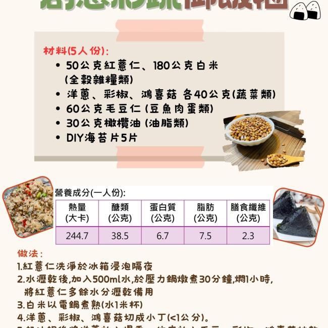 這是一張創薏彩蔬御飯糰的食譜海報