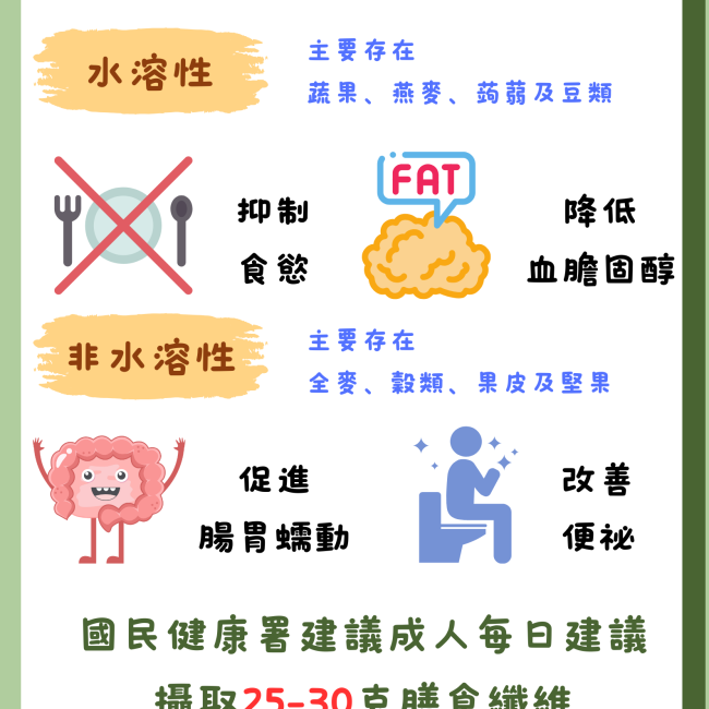 膳食纖維分為水溶性及非水溶性，功能有抑制食慾、降低血膽固醇、促進腸蠕動及改善便秘