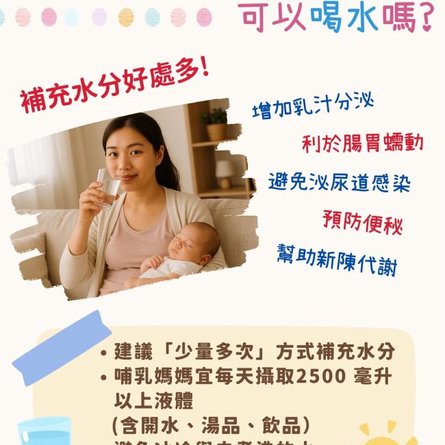 產後坐月子可以喝水嗎?補水好處多,健康無負擔! 這是一張衛教宣導坐月子喝水的海報