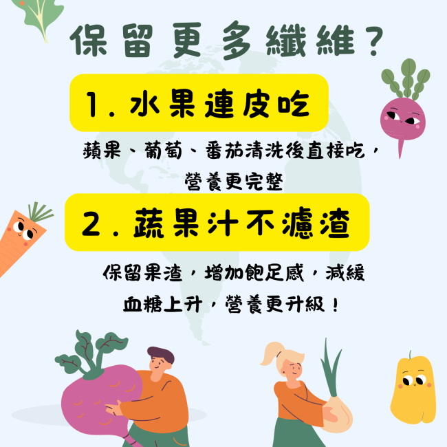 吃水果連皮吃以及蔬果汁連果渣一起喝,可以攝取到更多膳食纖維喔!