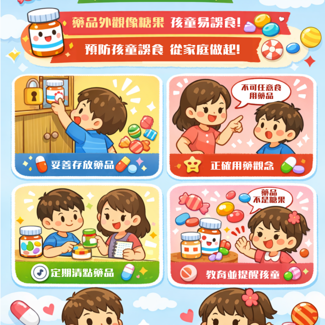 家中藥品應妥善存放於孩童無法取得之處，避免隨意放置，並應加強教導孩童不可任意拿取或食用藥品，同時定期清點家中藥品，降低誤食風險，共同守護孩童健康。