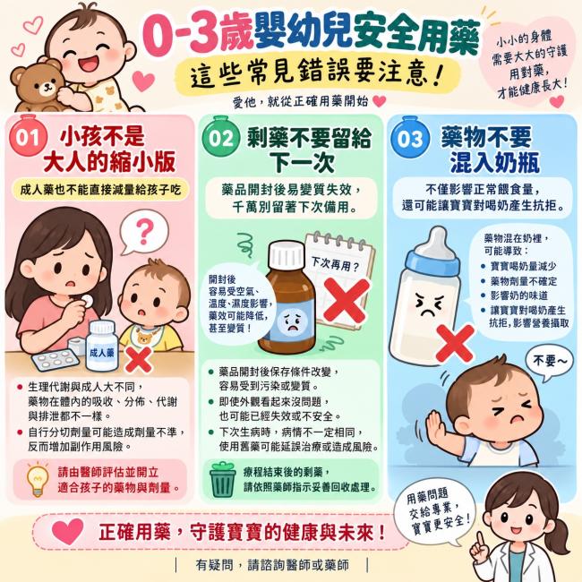 1	小孩不是大人的縮小版，成人藥也不能直接減量給孩子吃 由於嬰幼兒的生理代謝機制尚未發育完全，對藥物的處理與排除能力與成人大不相同。若自行隨意分切藥品或憑經驗估算劑量，不僅無法達到預期療效，無形中可能增加藥物毒性與不良反應的風險。 2	剩藥不要留給下一次 將上次看診沒吃完的藥留下來，以備孩子下次不舒服時應急，其實隱藏極大的用藥風險。藥品一旦開封、接觸空氣或經過分裝，就容易受潮、氧化或滋生細菌而變質失效。且孩子每一次的病症與感染原因都不盡相同，上回的剩藥不僅不對症，更可能延誤病情，千萬別留著下次備用。 3	藥物不要混入奶瓶 為了讓怕苦的寶寶乖乖吃藥，將藥粉或藥水加入牛奶或果汁中，這是一個常見的用藥誤區。若寶寶沒有把整瓶奶喝完，將導致實際攝取的藥劑量不足，無法達到預期的治療效果；萬一藥物影響了奶水的味道，更可能讓寶寶對喝奶產生排斥或抗拒心理。正確的做法應使用專用口服量杯或針筒分段餵服，確保孩子完整攝取劑量，也避免影響日常的營養與哺乳。
